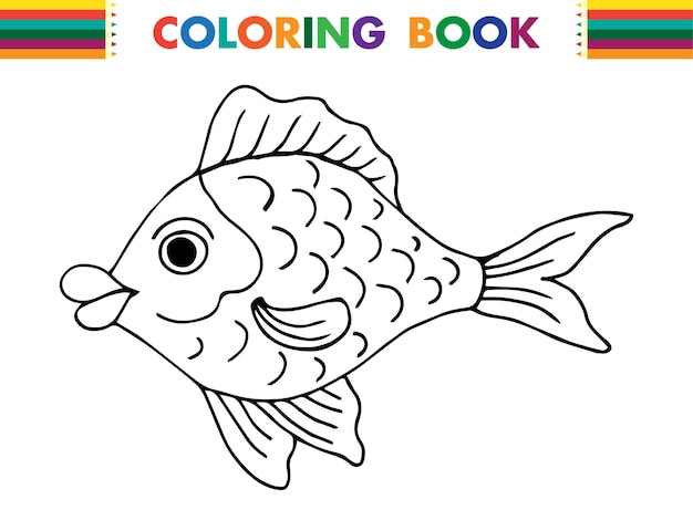 Vector coloring book page for preschool children with colorful cute funny cartoon fish and sketch to color