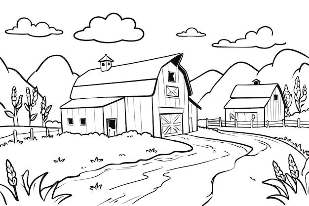 a coloring book page white background Create a magical farm