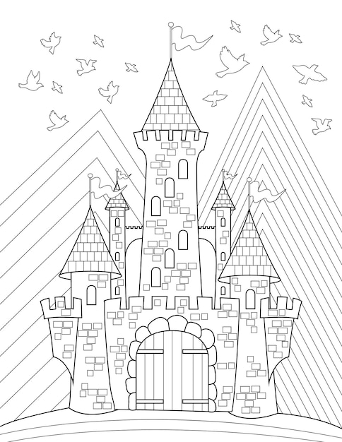 Coloring Book Page With Big Castle With Flags On Top And Birds In Sky Sheet To Be Colored With Old Fort With Mountains In Background Huge Mansion On Hill