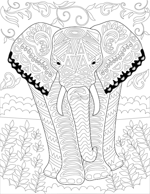 Coloring Book Page With Big Detailed Elephant Walking Forward On Grass Sheet To Be Colored With Huge Wild Animal Going Ahead Massive Creature With Details