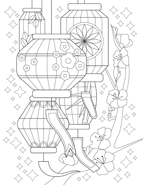 Coloring Book Page With Different Lanterns Hanging Over Tree With Flowers Sheet To Be Colored With Traditional Lamps With Floral Details Japanese Lights