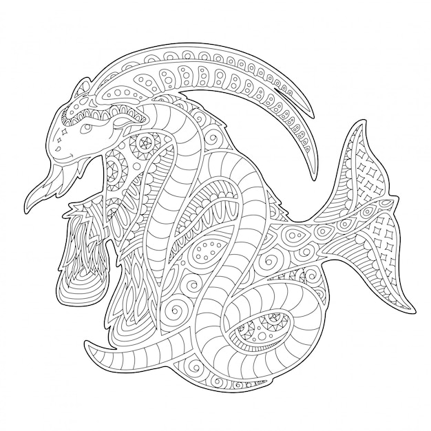 Coloring book page with nice capricorn silhouette