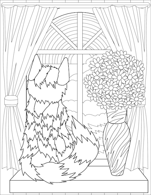 Coloring Book Page With Sitting Fluffy Cat Looking Through Window With Curtains Next To Vase Sheet To Be Colored With Kitty Staring Outside Beside Flowers