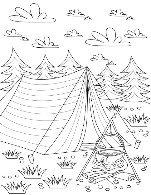 Coloring Book Page With Tent Placed In Nature With Opened Fire And Trees And Clouds In Backgroind Sheet To Be Colored With Tipi With Boiling Food Outside