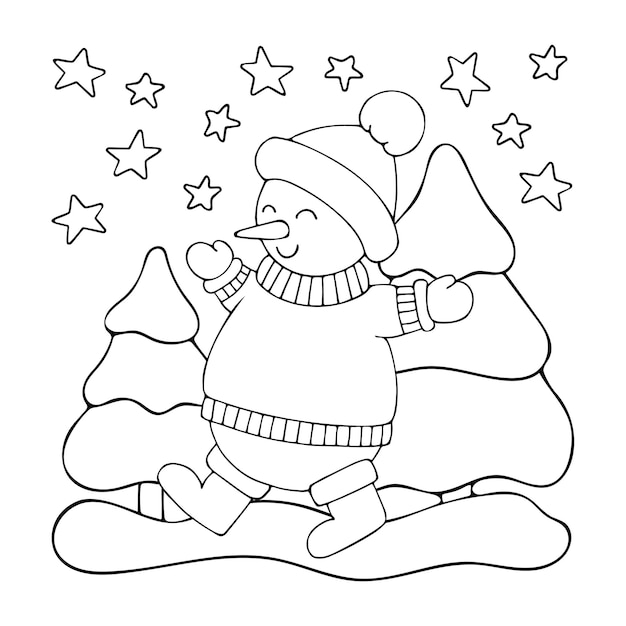 Coloring book snowman line art Cute winter character in hat and sweater in night forest Christmas trees by stars Hand drawn vector black and white illustration