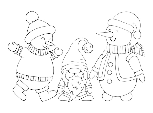 Coloring book snowmen gnome line art Cute winter character in a warm hat Hand drawn vector black and white illustration