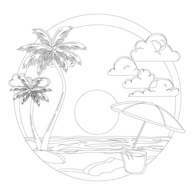 Coloring book Summertime vacation travel beach sea Vector illustration