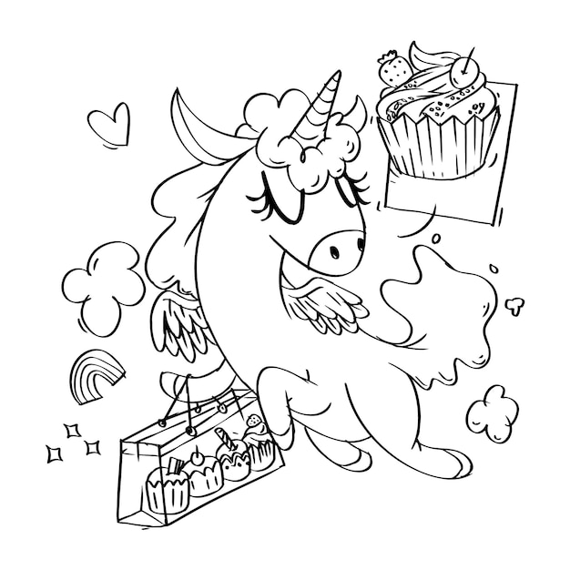 Coloring book of super cute unicorn cupcakes shopping