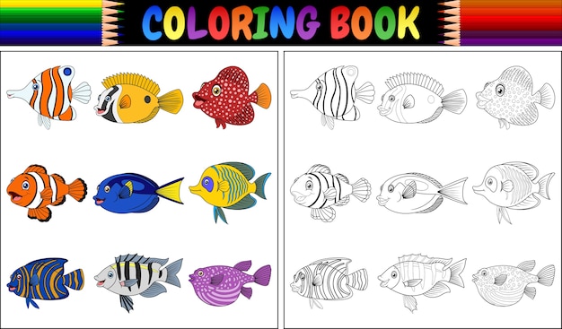 Coloring book various fishes