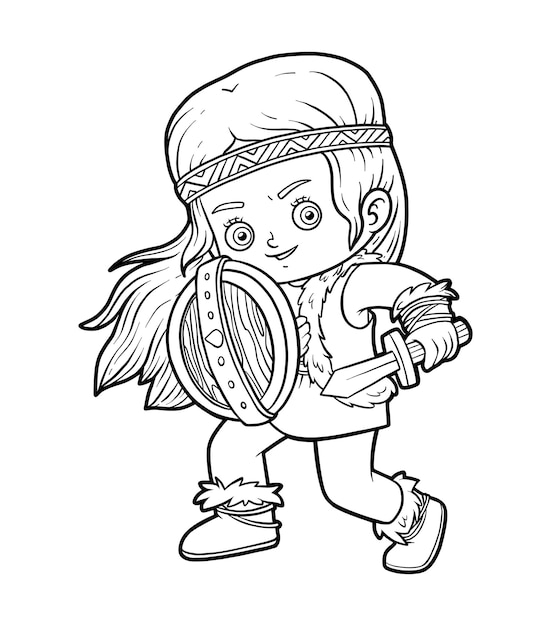 Coloring book Viking girl with shield and sword