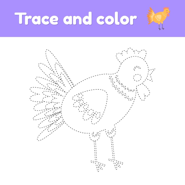 Coloring book with cute farm animal a chicken.