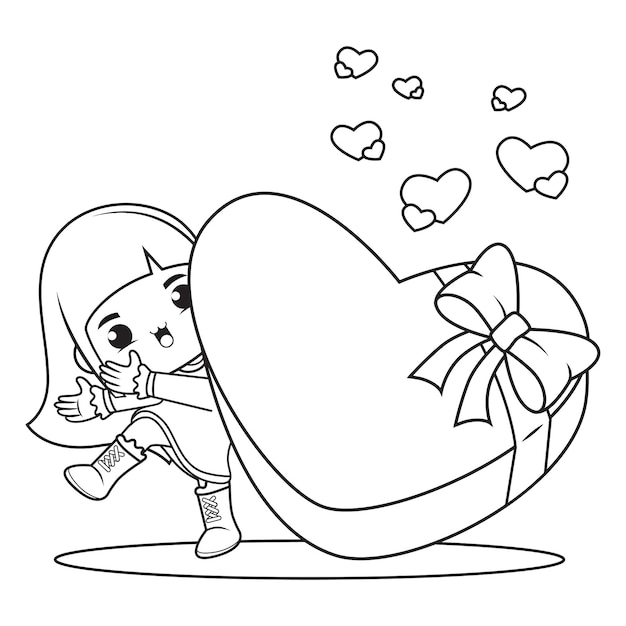 Coloring book with cute girl holding a heart