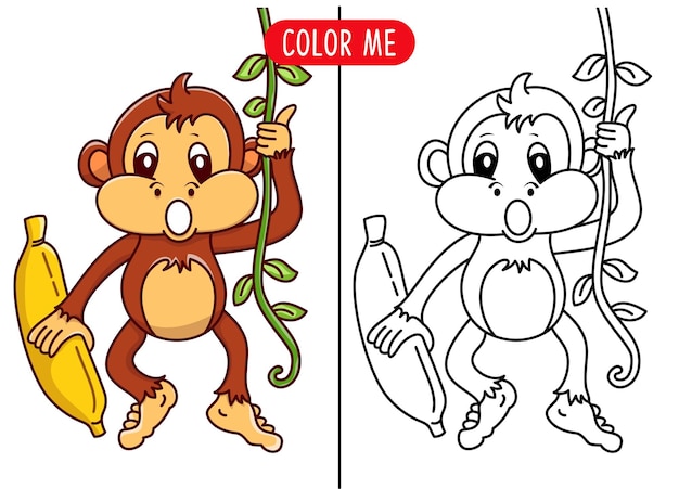 coloring book with monkey banana cartoon hand drawn doodle illustration