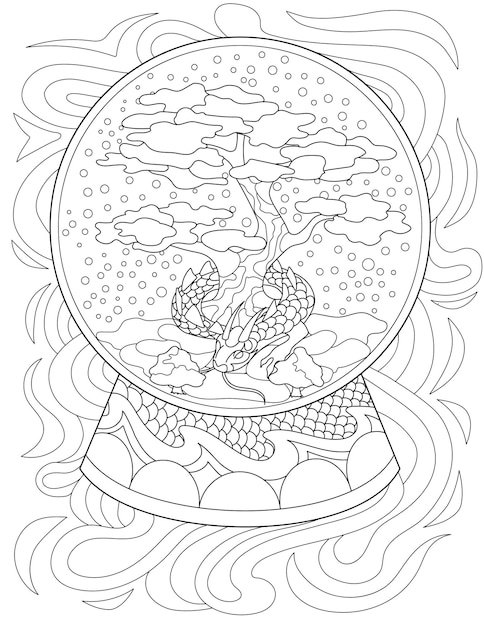 Coloring Book With Snow Glass With Dragon Around Bonsai Inside Sheet To Be Colored With Snowing Globe With Trees And Snake In Decoration With Mystical Beast