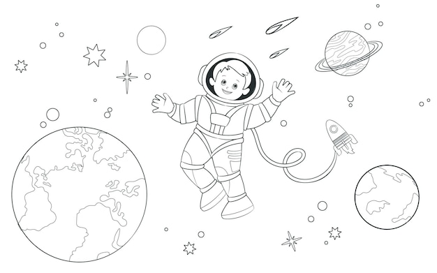 Coloring book a young astronaut soars in open space against the background of the Earth, planets and stars. Vector illustration in cartoon style