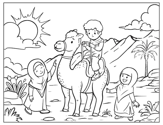 Coloring children and camels on the farm