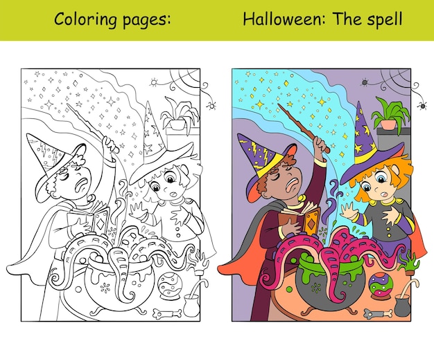 Coloring and color Halloween children cook a potion vector