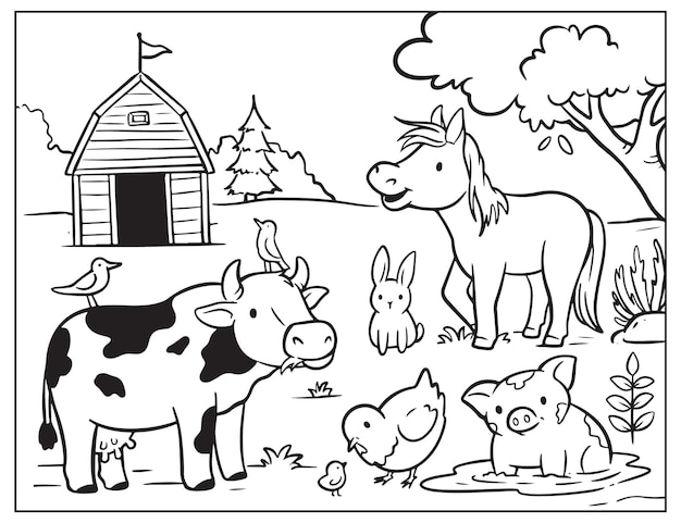 Coloring cow and horse doodle farm animals