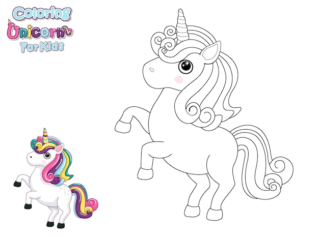 Coloring The Cute Cartoon Unicorn. Educational Game for Kids. Vector Illustration With Cartoon Animal Characters