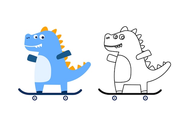 Coloring cute dino cartoon playing skateboard concept design illustration