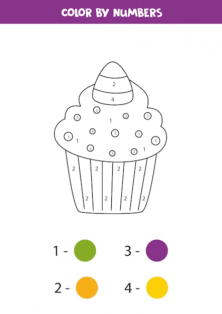 Coloring cute Halloween candy cupcake by numbers. Math game.