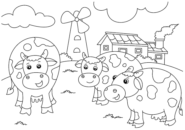 Coloring design with cute cows in the garden for kids coloring page Vector