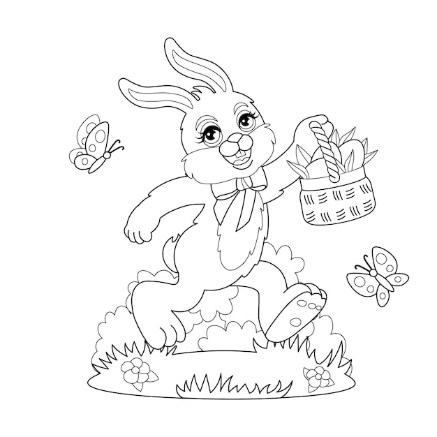 Coloring of Easter bunny running with a basket of eggs Pink cartoon hare with red bow