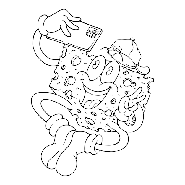 Coloring illustration of cartoon cheese mascot doing selfie