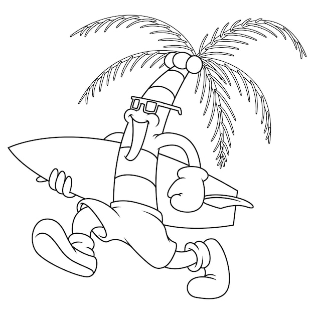 Coloring illustration of cartoon coconut tree going to surfing