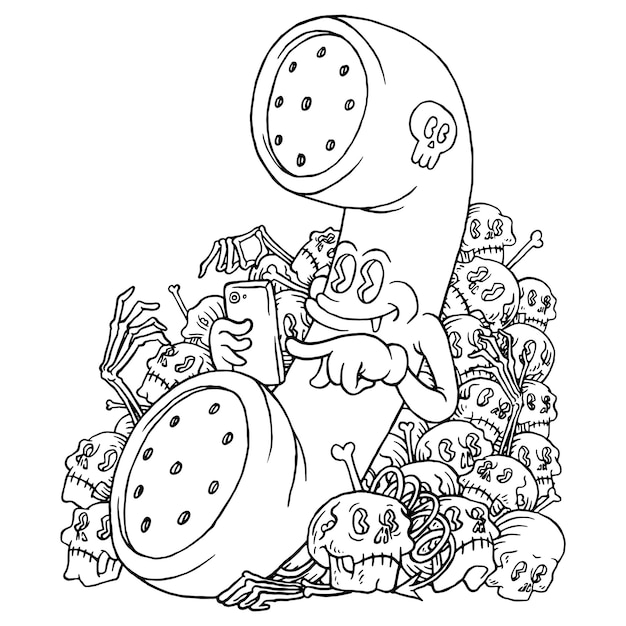 coloring illustration of cartoon evil phone on piles of bones and skulls