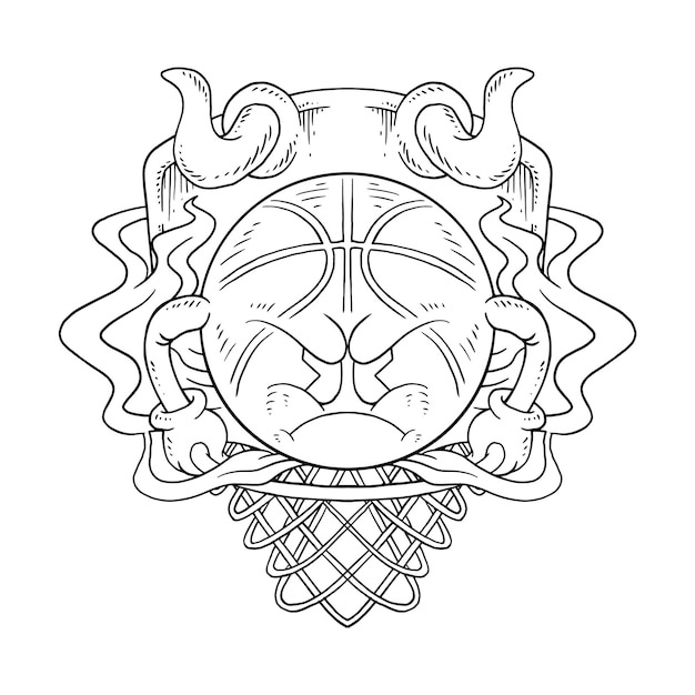 Coloring illustration of cartoon grumpy basketball mascot