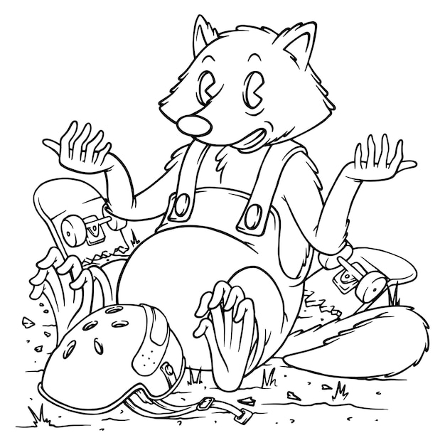 coloring illustration of cartoon sitting raccoon