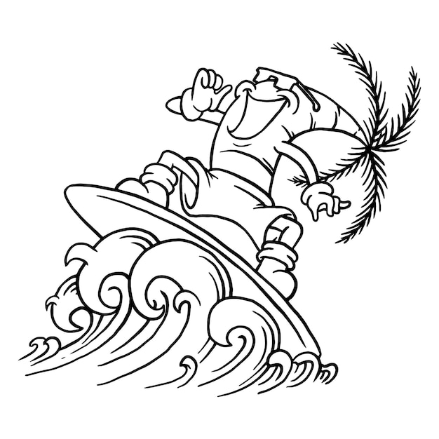 Coloring illustration of cartoon surfing palm tree mascot