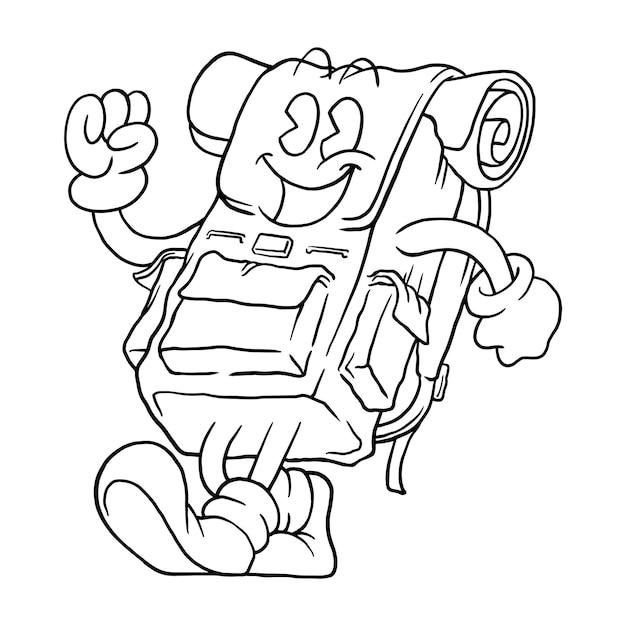 Coloring illustration of cartoon walking backpack mascot