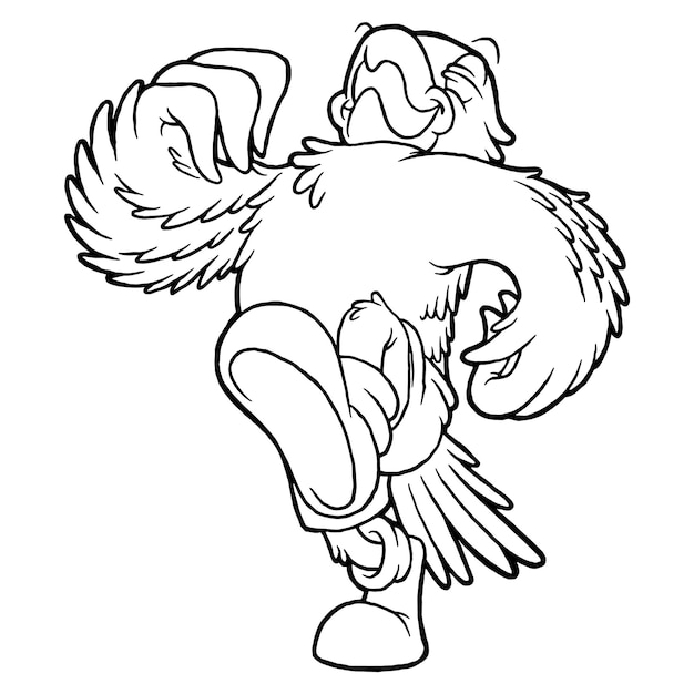 Coloring illustration of cartoon walking parrot mascot