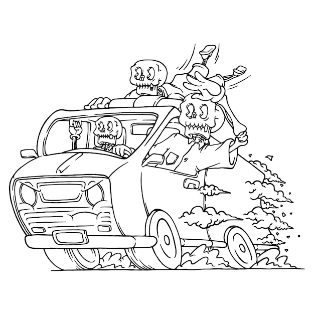 coloring illustration of skeleton driving an ambulance