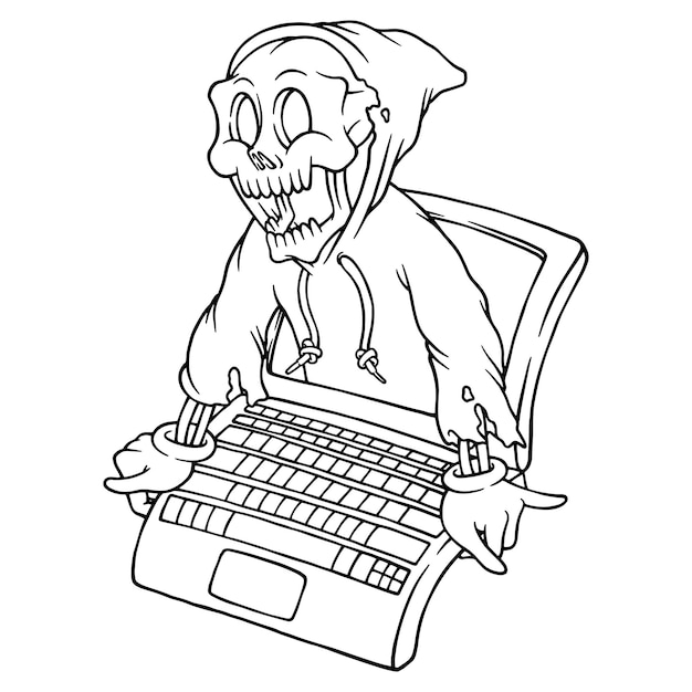 coloring illustration of skeleton emerging from laptop