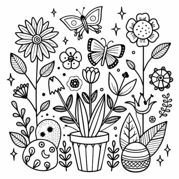 Vector coloring page all things spring theme art black lines white background coloring book page