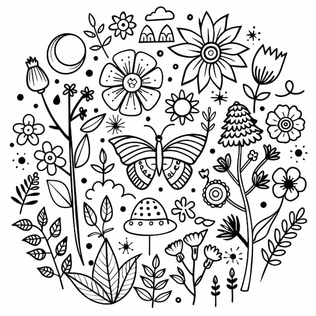 Vector coloring page all things spring theme art black lines white background coloring book page