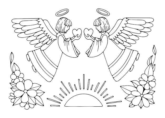 Coloring page angels give peace love Holy guardian angel heaven Hand drawn line art Coloring book