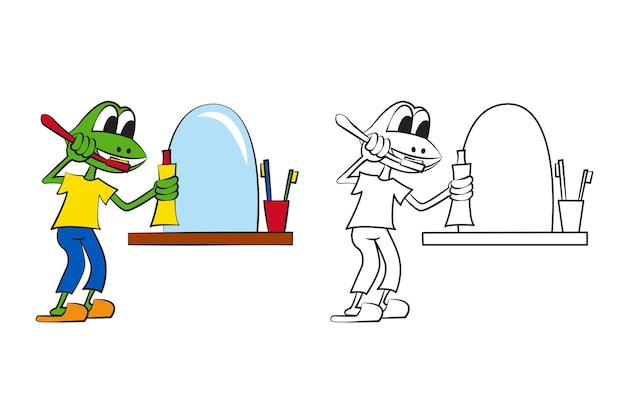 Coloring page Baby frog brushing her teeth and washing in the morning or before going to bed