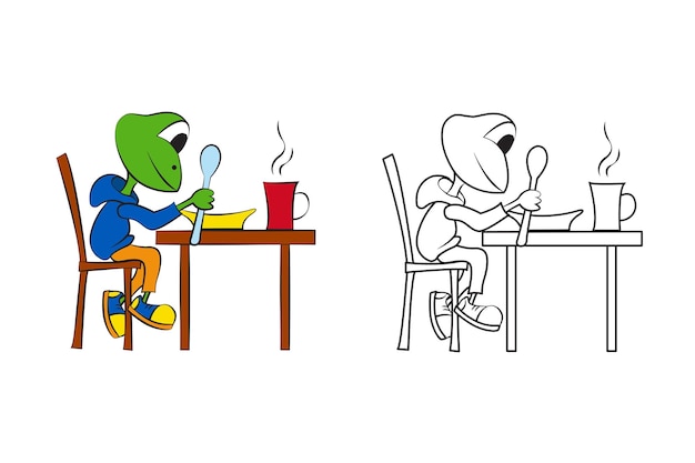 Coloring page Baby frog takes food at the table Breakfast lunch or dinner Black and white vector