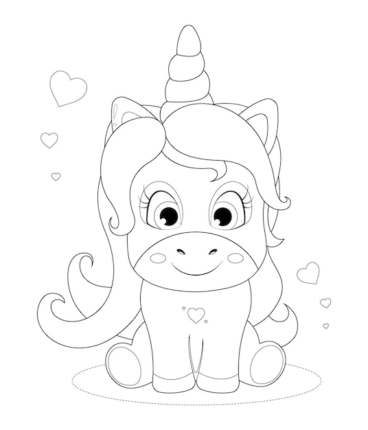 Coloring page Beautiful little unicorn with hearts