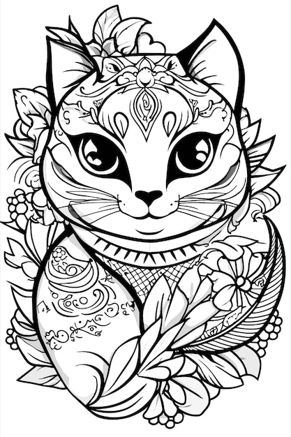 coloring page black and white cute meow mandala skitch vector illustration