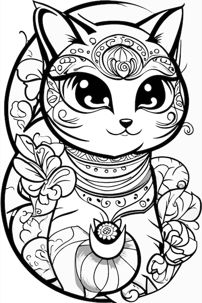 coloring page black and white cute meow mandala skitch vector illustration