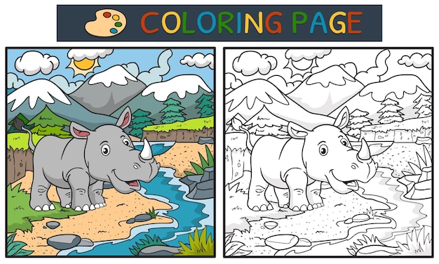 coloring page or book with cartoon rhino in the forest