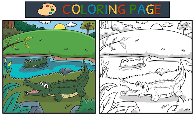 coloring page or book with cute crocodile on the lake