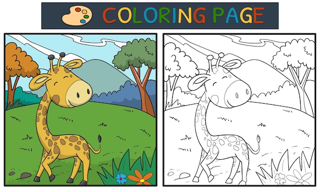 Coloring page or book with cute giraffe in the forest