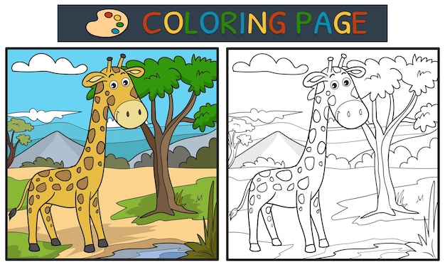 Coloring page or book with cute giraffe in the forest