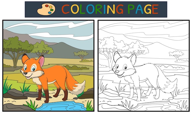 Coloring page or book with fox in the forest